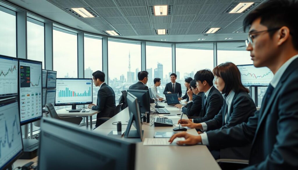 A modern and professional-looking office setting, with well-dressed, young Japanese-looking individuals engaged in various analytical tasks. In the foreground, a group of securities analysts intently studying financial reports and stock charts displayed on large monitors. In the middle ground, a team collaborating over a conference table, discussing investment strategies and market trends. In the background, an expansive city skyline visible through floor-to-ceiling windows, reflecting the high-stakes, fast-paced nature of the securities industry. Bright, diffused lighting illuminates the scene, creating a sense of focus and efficiency. A crisp, clean aesthetic with muted color tones that convey the serious, analytical nature of the securities analyst's work.