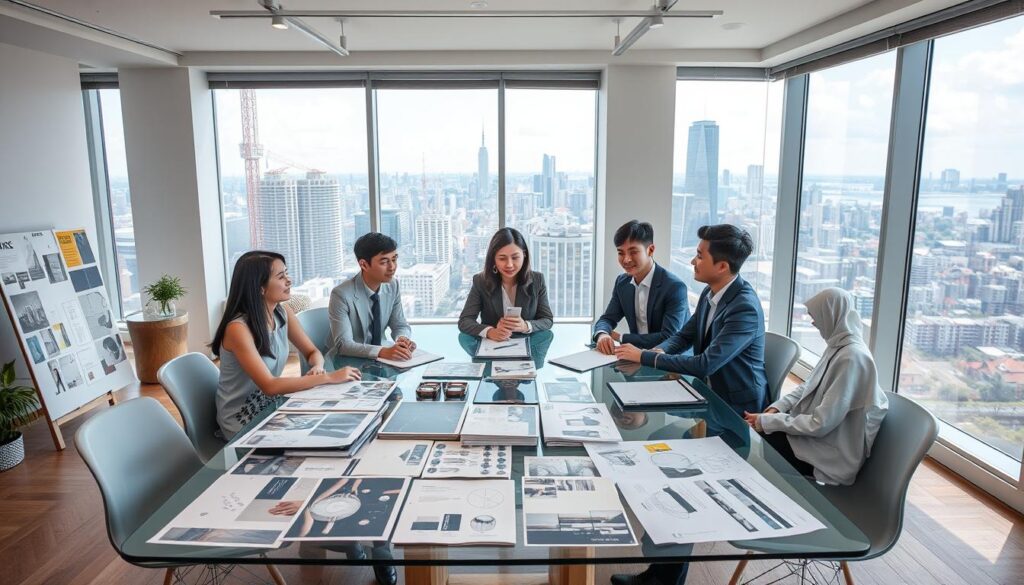 A modern and sleek interior design studio, with a focus on natural light and clean lines. In the foreground, a group of young, professional-looking Japanese designers sit around a glass conference table, engaged in a discussion. The middle ground features an array of design samples, sketches, and mood boards, while the background showcases a panoramic view of a bustling city skyline through large windows. The scene conveys a sense of collaborative creativity and a thriving, high-earning interior design industry.