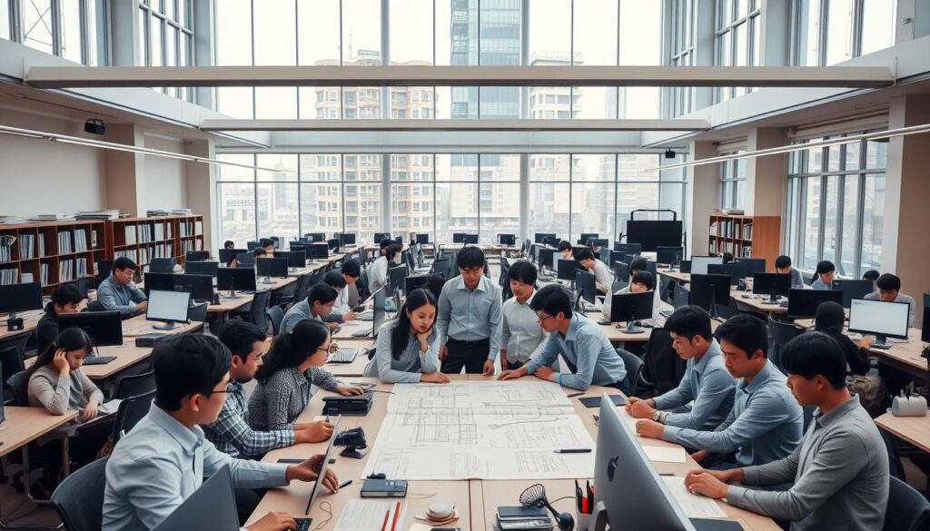 A modern and spacious open-plan office with large windows, allowing natural light to flood the workspace. The room is filled with rows of desks, each occupied by a young, Japanese-looking professional, intently focused on their work. In the center, a team gathers around a large table, discussing blueprints and plans. The walls are lined with bookshelves and technical equipment, conveying the engineering-focused nature of the workplace. The atmosphere is one of productivity and collaboration, with a sense of purpose and expertise.