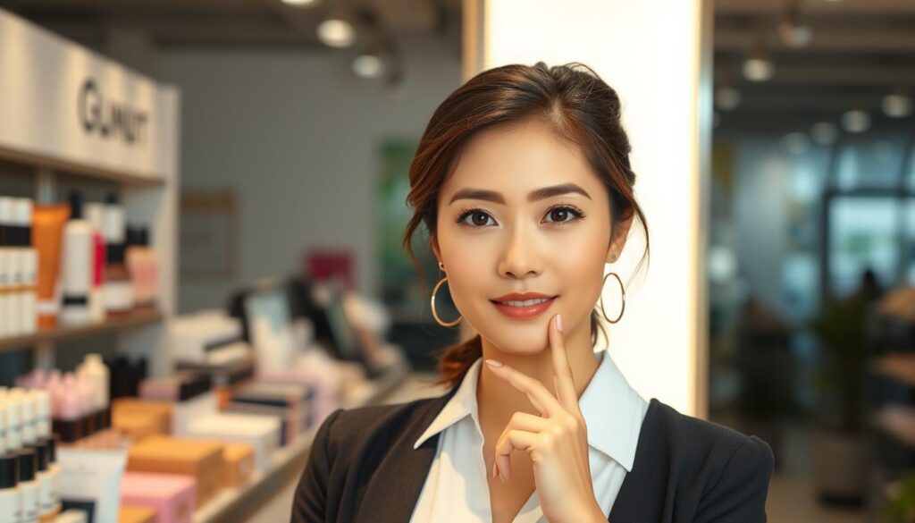 A modern and stylish beauty consultant stands confidently in a bright, airy retail space, showcasing her expertise and passion for cosmetics. Soft, directional lighting accentuates her flawless skin and meticulously applied makeup, creating a sense of professionalism and approachability. In the background, rows of neatly organized beauty products hint at the depth of her knowledge and the breadth of her skills. Her poised demeanor and thoughtful expression convey a strong sense of career development, suggesting the rewarding path of a dedicated beauty advisor. The scene captures the essence of a Japanese beauty consultant's aspirational career journey.