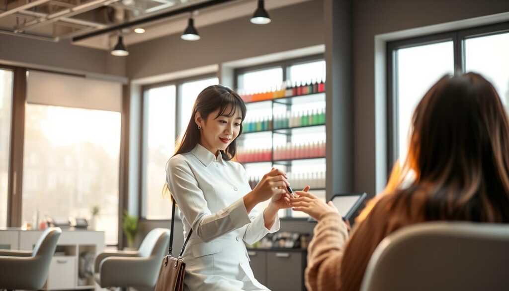 A modern and stylish nail salon interior, bathed in soft natural light from large windows. At the center, a young Japanese woman in a crisp white uniform confidently applying nail polish to the hand of a customer seated before her. In the background, shelves display an array of colorful nail polish bottles and manicure tools. The overall atmosphere is one of professionalism, creativity, and the fulfillment of pursuing one's passion as an independent nail artist.