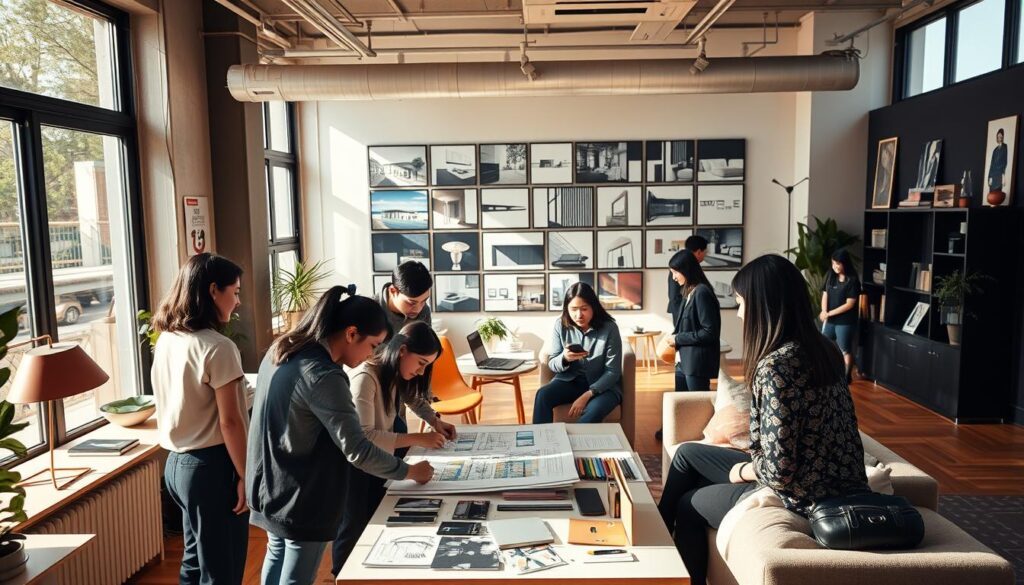 A modern and vibrant interior design studio, filled with young, stylish Japanese professionals collaborating on innovative projects. The space is bathed in warm, natural light from large windows, highlighting the sleek, minimalist furniture and chic decor accents. In the foreground, a group of designers huddle around a drafting table, animatedly discussing mood boards and design plans. In the middle ground, others work intently on laptops, refining 3D models and color palettes. The background reveals a gallery wall showcasing the team's impressive portfolio of completed assignments, from high-end residential to trendy commercial spaces. An atmosphere of creativity, collaboration, and passion permeates the scene.