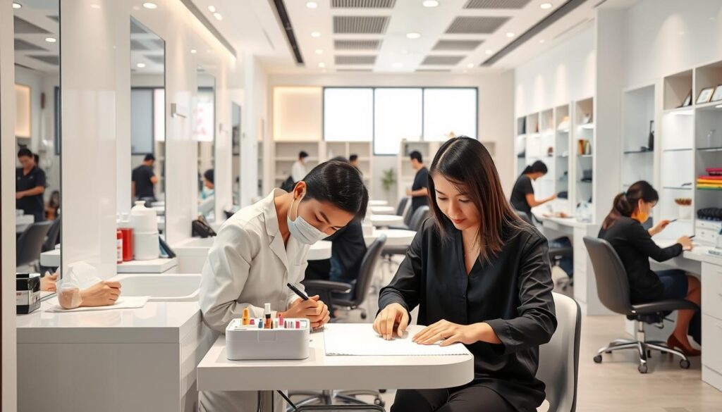 A modern and well-appointed nail salon, with a team of skilled Japanese-looking nail technicians diligently working on their clients' hands and feet. The clean, bright space is filled with natural light, accentuating the gleaming manicure stations and sleek, minimalist decor. In the foreground, a technician meticulously applies a vibrant nail polish, while in the background, others are engaged in tasks like sterilizing tools, maintaining inventory, and consulting with customers. The overall atmosphere conveys a sense of professionalism, attention to detail, and a commitment to providing exceptional nail care services.