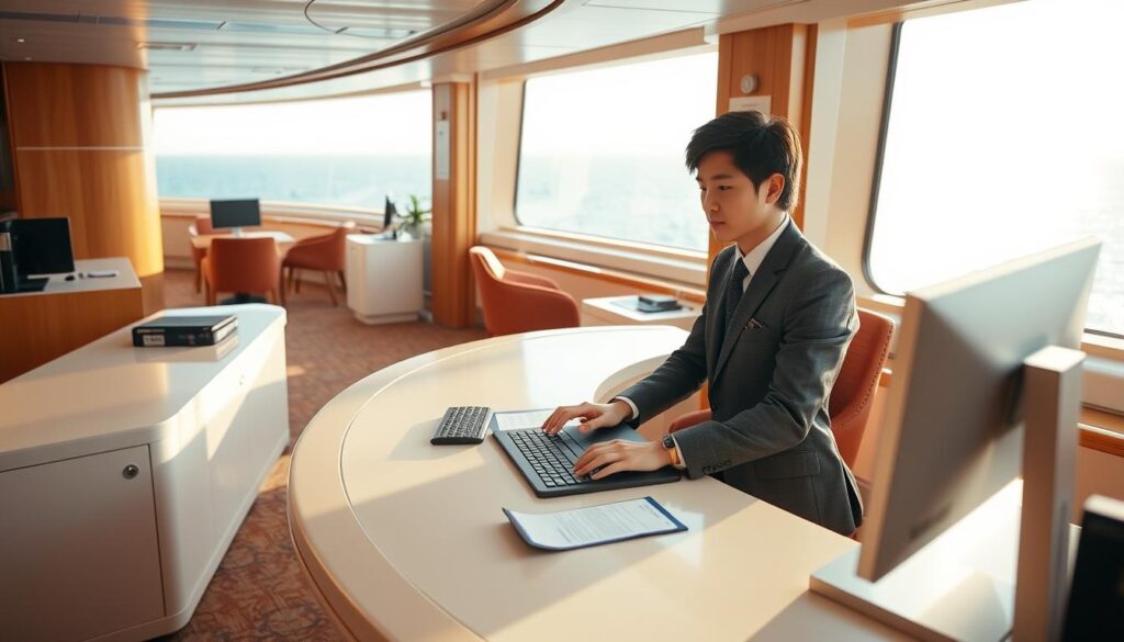 A modern and well-equipped cruise ship interior, with a neatly organized and spacious workspace for the ship's purser. The room is bathed in warm, natural lighting from large windows overlooking the vast ocean. The purser, a young, professional-looking Japanese individual, is seated at a sleek, modern desk, efficiently handling administrative tasks on a high-end computer setup. The atmosphere is calm and focused, with a subtle sense of motion and the occasional glimpse of the open sea beyond. The overall scene conveys a sense of efficiency, organization, and the day-to-day operations of a cruise ship's crucial passenger services department.