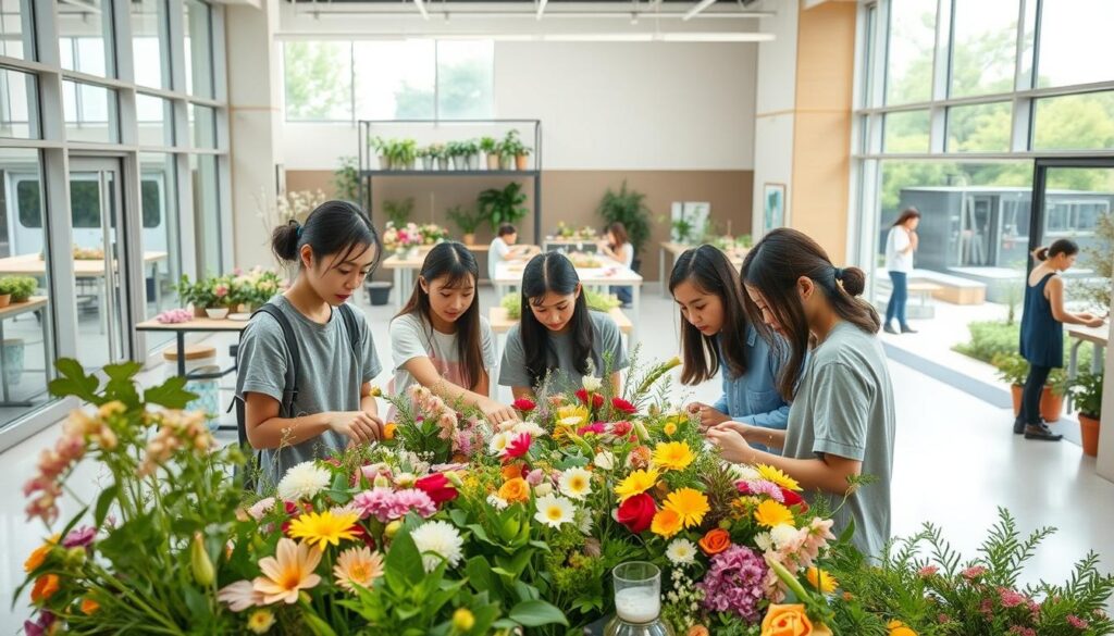 A modern and well-equipped flower design school, featuring a bright and airy atrium with large windows that flood the space with natural light. In the foreground, a group of young Japanese students in casual attire are gathered around a table, intently focused on arranging a variety of fresh flowers and foliage. In the middle ground, the school's state-of-the-art floral workshops can be seen, with students honing their skills under the guidance of experienced instructors. The background showcases the school's serene outdoor gardens, where students find inspiration and practice their craft in a tranquil, natural setting. The overall atmosphere conveys a sense of creativity, dedication, and the pursuit of floral design excellence.