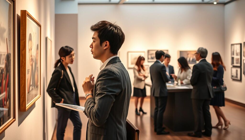 A modern art gallery interior, bathed in warm, soft lighting. In the foreground, a young, professional-looking curator examines a framed painting, deep in thought. Behind them, a group of similarly dressed curators huddle around a curator's desk, engaged in animated discussion. The background features sleek, minimalist display walls showcasing a diverse collection of artworks. The atmosphere is one of creative inspiration and intellectual discourse, reflecting the career growth and development of these Japanese curators.
