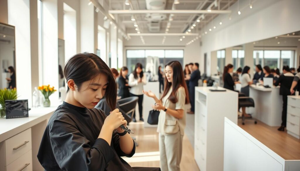 A modern beauty salon interior, filled with natural light and sleek minimalist design. In the foreground, a young Japanese-looking hairstylist carefully cuts a client's hair, focusing intently on their work. In the middle ground, another stylist is consulting with a customer, gesturing animatedly as they discuss a new hairstyle. In the background, assistants busily wash and style hair, while receptionists attend to scheduling and checkout. Soft, diffused lighting creates a relaxed, professional atmosphere. The salon's atmosphere is one of efficient productivity, with each member of the team playing their part in delivering a high-quality customer experience.