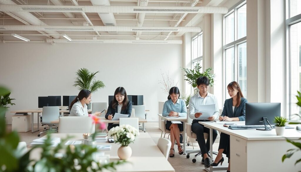A modern, bright and airy open-plan office space with large windows letting in natural light. A team of young, professional-looking Japanese wedding planners collaborating at their desks, discussing plans and documents. Soft neutral colors, with accents of greenery and fresh flowers. Minimal, clean design elements like sleek furniture and minimalist decor. A sense of efficiency, organization and attention to detail reflecting the nature of the wedding planning profession. The overall atmosphere is calm, focused and conducive to productive work.