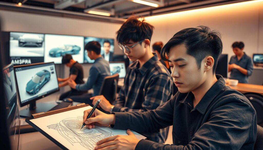 A modern car design studio, filled with young Japanese designers, each immersed in their work. In the foreground, a designer sketches intricate lines and curves on a digital tablet, their eyes narrowed in concentration. Behind them, another designer meticulously models a car's exterior shape on a computer screen, fine-tuning every detail. In the background, a team reviews 3D renderings, discussing color palettes and material choices, shaping the vehicle's aesthetic. Warm, directional lighting casts shadows and highlights the designers' faces, creating a sense of focus and intensity. The atmosphere is one of creative energy, as these talented individuals bring their visions to life, shaping the future of the automotive industry.