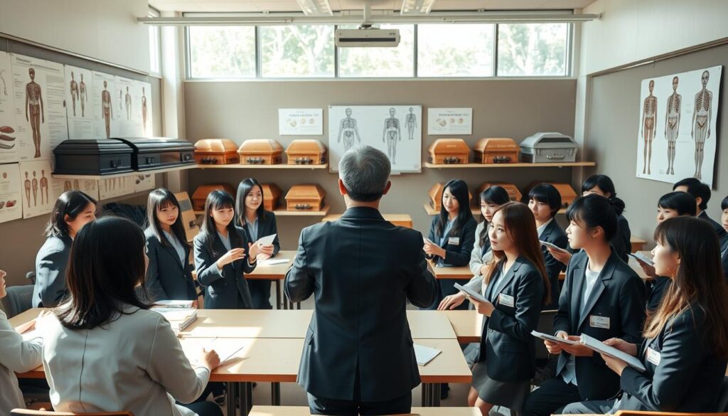 A modern classroom setting, filled with young Japanese-looking students dressed in formal attire. In the center, a seasoned instructor stands at a podium, hands gesturing as they explain the intricacies of mortuary science. The walls are lined with anatomical diagrams and caskets, creating an atmosphere of solemn professionalism. Natural light streams in through large windows, casting a warm glow over the scene. The students listen attentively, taking notes, as they absorb the specialized knowledge required to become skilled funeral directors. An air of reverence and dedication permeates the space, reflecting the importance of this vocation.