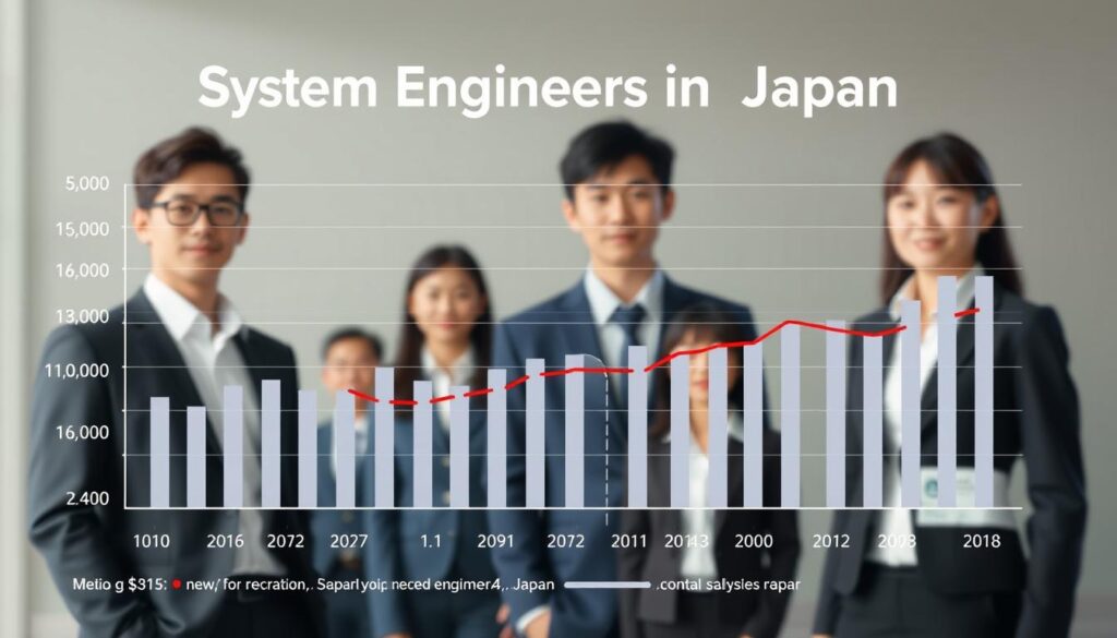 A modern, clean data visualization of annual salaries for system engineers in Japan. A minimalist line graph with crisp bars and clear labels shows the range and median pay for this in-demand tech role. The foreground focuses on the data presentation, with a middle ground of stylized, young Japanese-looking models in business attire, conveying the human element behind the statistics. The background features a subtle, blurred gradient in muted tones, maintaining a professional, analytical atmosphere. Realistic lighting casts soft shadows and highlights, creating depth and dimensionality. The overall tone is informative yet visually striking, designed to clearly illustrate the key salary data for this technical career.