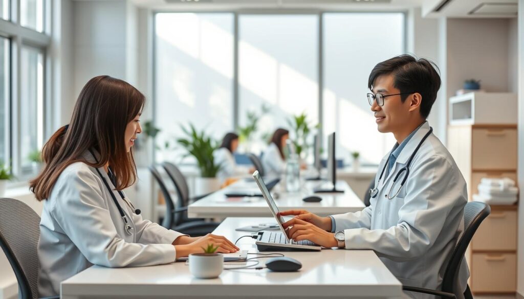A modern co-medical workplace with a warm, inviting atmosphere. The room is filled with natural light, streaming in through large windows. Young Japanese-looking staff members, dressed in clean, professional attire, collaborate at ergonomic desks and stations. The space is organized, with subtle pops of color and greenery providing a calming, productive ambiance. Medical equipment and technology are seamlessly integrated, reflecting the high-quality, cutting-edge nature of the facility. An overall sense of harmony, efficiency, and dedication to patient care radiates from the scene.