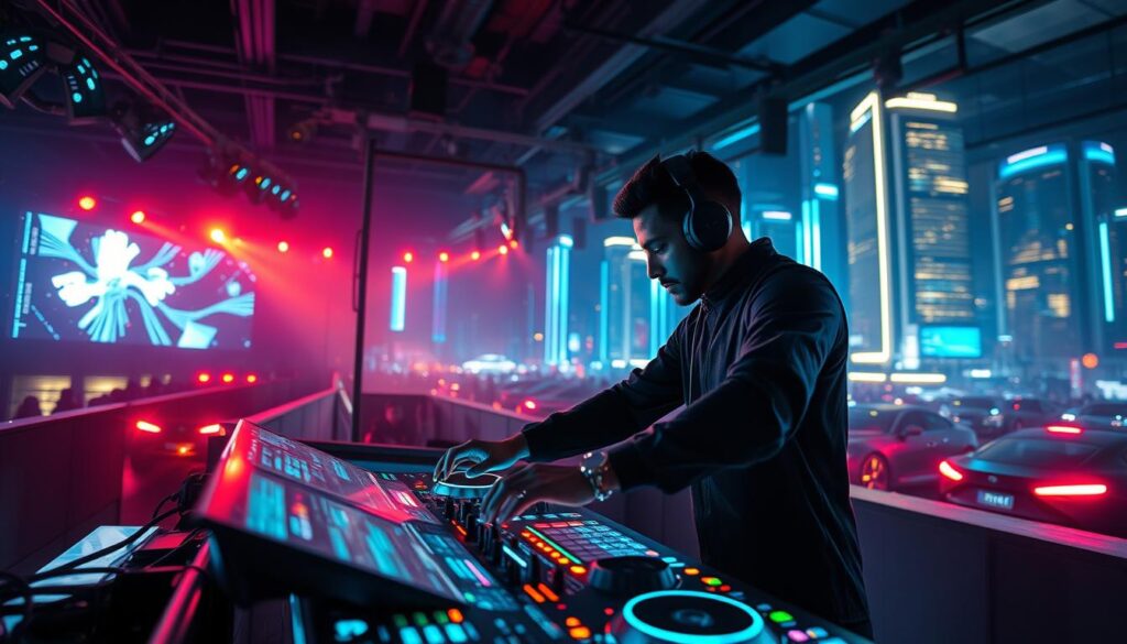 A modern digital DJ performing at an underground music festival, surrounded by a dynamic array of futuristic holographic displays and virtual instruments. The DJ, dressed in a sleek black outfit, is immersed in the rhythmic flow, their hands expertly manipulating a cutting-edge touchscreen interface. The scene is illuminated by vibrant, pulsing lights that cast an ethereal glow, creating an atmosphere of technological wonder and musical energy. The background features a futuristic cityscape, with gleaming skyscrapers and hover-cars, hinting at the integration of digital innovation and the evolving role of the DJ in the digital age.