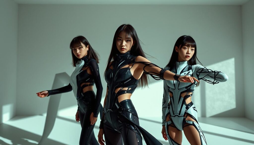 A modern digital fashion photoshoot featuring three young Japanese-looking models with sleek, dark hair. The scene is set in a minimalist, futuristic studio with clean lines and a muted color palette. Dramatic side lighting casts dramatic shadows, accentuating the models' features and the intricate, tech-inspired designs of their outfits. The models strike poses that emphasize the fluid movement and innovative silhouettes of their garments, capturing the cutting-edge aesthetic of contemporary digital fashion.