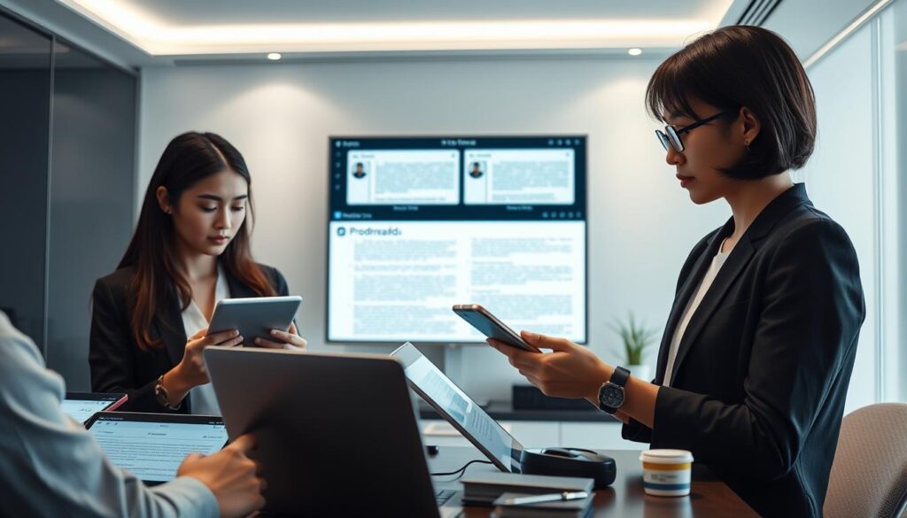 A modern digital proofreading suite in a sleek, minimalist workspace. A team of young, Japanese-looking professionals intently focused on their screens, surrounded by subtle ambient lighting and cutting-edge technology. The foreground features an assortment of devices - tablets, laptops, and mobile phones - showcasing the digital tools they use to review text, check for errors, and collaborate seamlessly. The middle ground depicts the individuals themselves, their faces determined yet calm, as they navigate the software's intuitive interface. In the background, a sophisticated, high-resolution display provides a bird's-eye view of the entire process, underscoring the efficiency and precision of this digital age of proofreading.