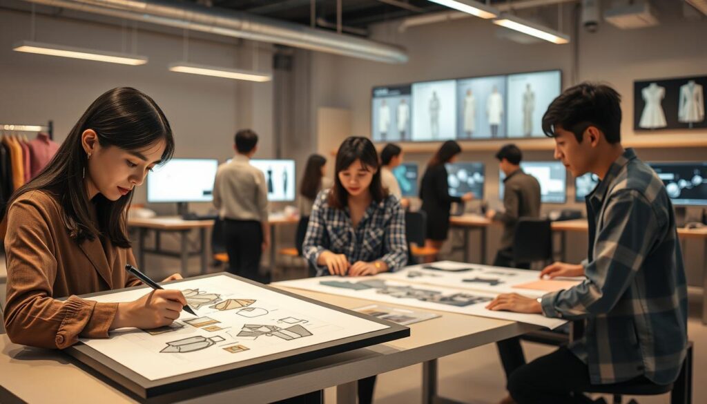 A modern fashion design studio filled with young, Japanese-looking designers hard at work. In the foreground, a designer carefully sketches fabric swatches and garment designs on a large drawing tablet, brow furrowed in concentration. In the middle ground, two other designers collaborate over a drafting table, discussing patterns and material samples. In the background, a team reviews computer screens displaying digital renderings and 3D models, refining the technical aspects of the collection. Soft, warm lighting from overhead lamps casts a creative, focused atmosphere over the entire scene.