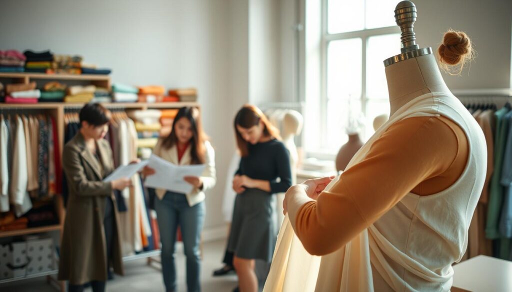 A modern fashion studio, bathed in warm, natural light. In the foreground, a skilled patternmaker meticulously drapes fabric over a mannequin, their hands gracefully shaping the material. Behind them, a team of young, Japanese-looking designers huddle over sketches, their brows furrowed in concentration. In the background, bolt after bolt of vibrant fabrics line the shelves, hinting at the endless creative possibilities. The atmosphere is one of focused intensity, where the patternmaker's expertise is crucial in translating the designers' visions into tangible garments. The scene captures the essential role of the patternmaker in the dynamic and ever-evolving world of the apparel industry.