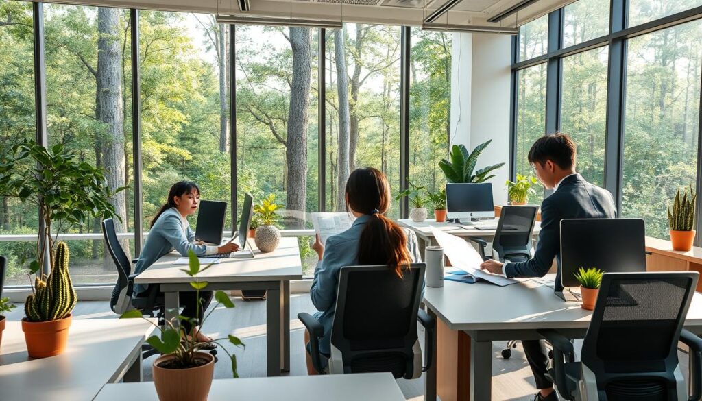 A modern forest consulting office, filled with natural light streaming through large windows. The workspace is organized with sleek, minimalist desks and ergonomic chairs, creating a calm and productive atmosphere. Young, Japanese-looking professionals, dressed in casual yet professional attire, collaborate on detailed maps and ecological reports. Potted plants and natural wood accents add a touch of biophilic design, connecting the indoor space to the verdant forest visible outside. The overall mood is one of focused, environmentally-conscious work in a serene, nature-inspired setting.