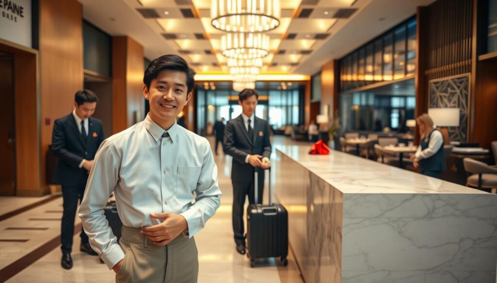 A modern, high-end hotel lobby with warm lighting and a sleek, minimalist aesthetic. In the foreground, a young, attentive Japanese hotel steward in a crisp, tailored uniform greets guests with a polite bow and a welcoming smile. Behind him, other stewards efficiently assist guests with their luggage, provide directions, and ensure the lobby remains tidy and organized. The middle ground features a marble reception desk where additional stewards efficiently check in and out guests. In the background, the hotel's elegant lounge and dining areas can be glimpsed, hinting at the hotel's premium services and amenities.