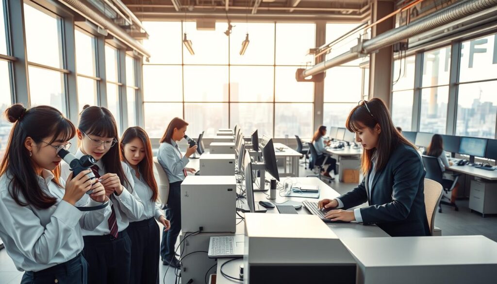 A modern industrial workspace with large windows, high ceilings, and an open layout. In the foreground, a team of young, Japanese-looking professionals in formal attire examine air samples using specialized equipment. The middle ground features rows of desks and computers, where additional staff analyze data and generate reports. The background showcases a view of the city skyline, conveying a sense of the workplace's urban setting. Warm, natural lighting filters in, creating a professional yet comfortable atmosphere. The scene captures the dynamic and analytical nature of the "Odor Assessor" profession, where attention to detail and technical expertise are paramount.