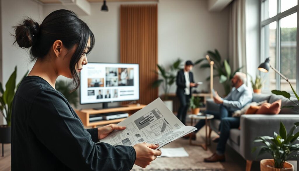A modern interior design studio, filled with natural light and sleek furnishings. In the foreground, a young, Japanese-looking interior designer pores over design plans, her expression focused and determined. Behind her, a mid-career designer reviews a presentation on a large computer screen, while a senior designer discusses design concepts with a client on the couch. The room is adorned with minimalist decor, complemented by warm wooden accents and potted plants, conveying a sense of tranquility and professionalism. Indirect lighting casts a soft, ambient glow, creating an atmosphere of creativity and productivity.
