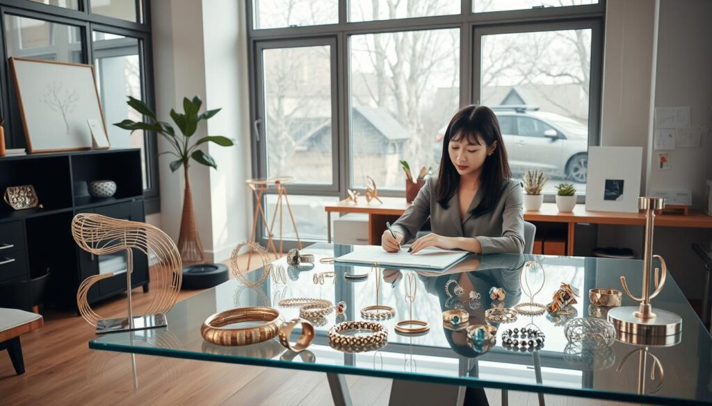 A modern jewelry designer working independently, surrounded by their latest creations. A minimalist yet elegant workspace, with natural lighting filtering through large windows. The designer, a young Japanese woman with a focused expression, sits at a sleek glass table, sketching designs and examining gemstones. The room is filled with a sense of creativity and innovation, reflecting the freedom and flexibility of a freelance lifestyle. Intricate metal wire sculptures and polished metal prototypes adorn the space, hinting at the designer's technical expertise and passion for their craft.