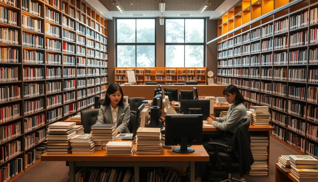 A modern library interior with floor-to-ceiling bookshelves, warm lighting, and a cozy study nook. In the center, a team of young, Japanese-looking librarians are diligently working at their desks, surrounded by stacks of books and a computer monitor. The space has a tranquil, focused atmosphere, with natural light filtering in through large windows. The librarians are dressed professionally, their expressions calm and engaged as they assist patrons or catalog new arrivals. The scene conveys the quiet efficiency and intellectual stimulation of the librarian's workplace.
