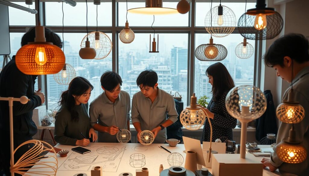 A modern lighting design studio, filled with young Japanese designers in focus. The foreground features a team of designers huddled around a drafting table, sketching and discussing intricate lighting fixtures. The middle ground showcases various lighting prototypes and mock-ups, showcasing their creative process. In the background, a large window overlooks a bustling cityscape, providing natural light and inspiration. The atmosphere is one of intense collaboration, with the designers deeply engaged in their work, surrounded by the tools and materials of their craft. The lighting is soft and warm, highlighting the focus and dedication of the team.