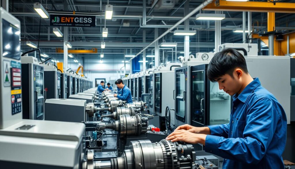 A modern manufacturing facility with rows of state-of-the-art CNC milling machines, each operated by a skilled young Japanese machinist. The workers, with focused expressions, meticulously craft metal components with precision and care. Bright overhead lighting illuminates the bustling workshop, casting sharp shadows and highlighting the gleaming machinery. In the background, additional workers consult engineering diagrams, underscoring the high-tech, in-demand nature of the profession. An atmosphere of industrious productivity pervades the scene, conveying the strong market demand for skilled fräsmaschine operators in Japan's manufacturing sector.