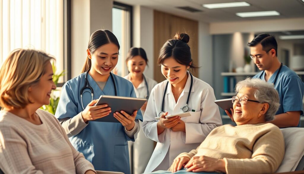 A modern medical facility with a team of young, Japanese-looking healthcare professionals diligently working with cutting-edge technology to provide compassionate care for elderly patients. The scene is bathed in warm, natural lighting, conveying a sense of comfort and efficiency. The healthcare workers skillfully navigate digital interfaces and tablets, seamlessly integrating technology into their caregiving routines. The patients, who appear relaxed and content, benefit from the thoughtful, technology-driven approach to their well-being. The overall mood is one of professionalism, innovation, and a deep commitment to improving the quality of life for those in need of support.