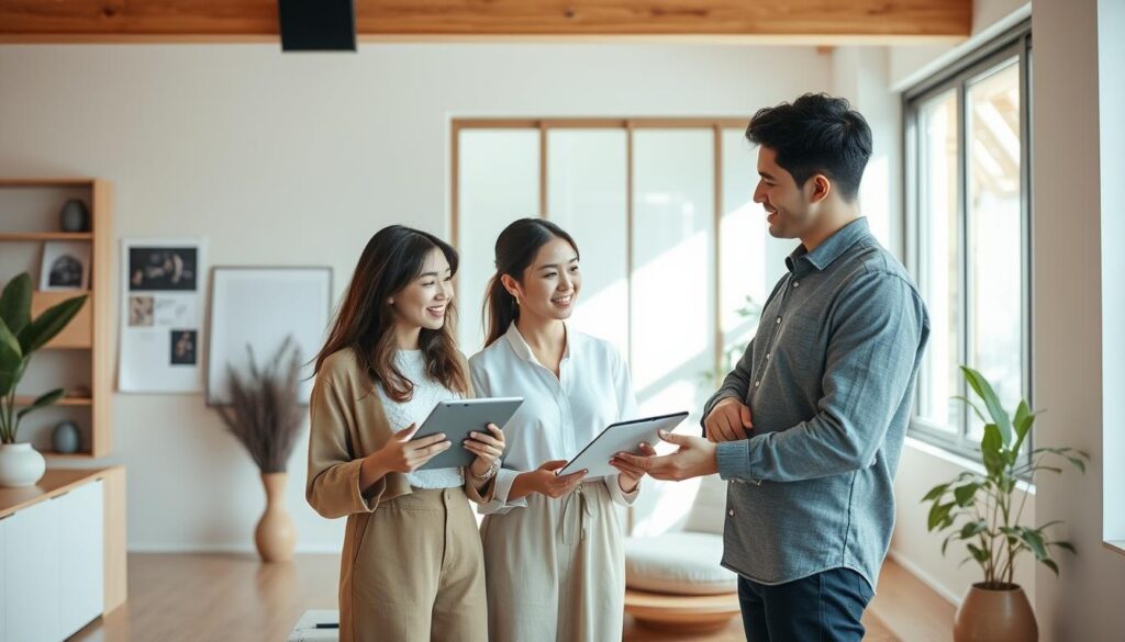 A modern, minimalist Japanese-inspired interior design studio, flooded with natural light. Three young, trendy interior designers - two women and one man - are consulting on the latest home decor trends, using digital tablets and mood boards. Soft, neutral tones accentuated by natural wood and plants create a serene, harmonious atmosphere. The scene conveys a sense of professionalism, creativity, and the designers' keen eye for detail and emerging styles.