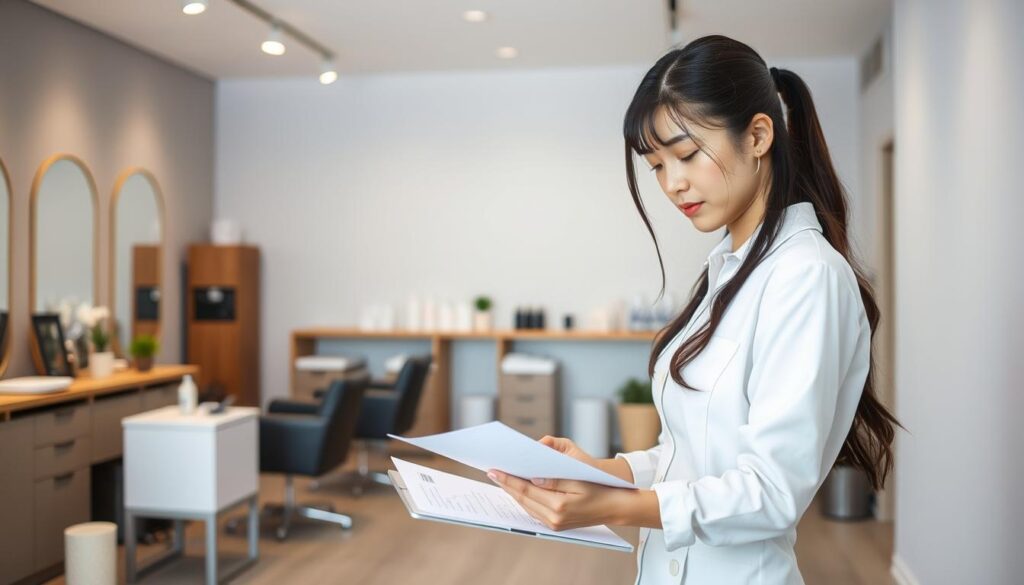 A modern, minimalist esté salon interior with a clean, tranquil atmosphere. The foreground features a young Japanese woman in a white uniform, focused on paperwork and a laptop, representing the administrative and planning aspects of starting a salon business. The middle ground showcases a selection of salon equipment and products, hinting at the necessary investments. The background features soft, natural lighting, calming gray walls, and simple but elegant decor, conveying a serene, professional ambiance ideal for an esté salon. The overall scene captures the careful preparation and attention to detail required to establish a successful esté salon.