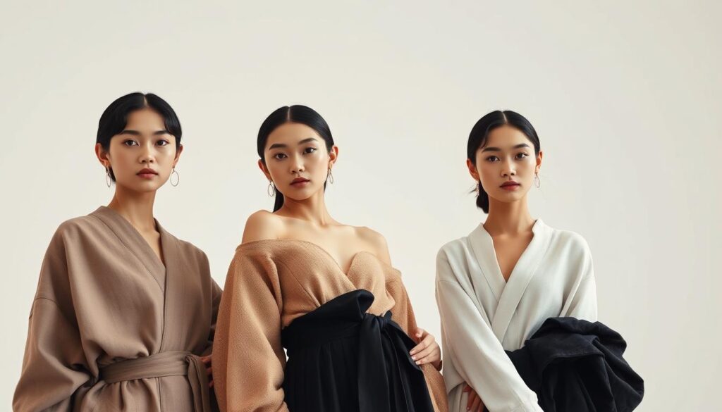 A modern, minimalist fashion photoshoot in a clean, bright studio. Three Japanese models, elegantly posed, showcase a collection of global-inspired garments in a sleek, high-fashion aesthetic. Dramatic, directional lighting illuminates the models' faces and the intricate textile details. Soft, muted colors and clean lines create an elevated, refined atmosphere. The models exude confidence and sophistication, capturing the essence of global fashion design strategy.