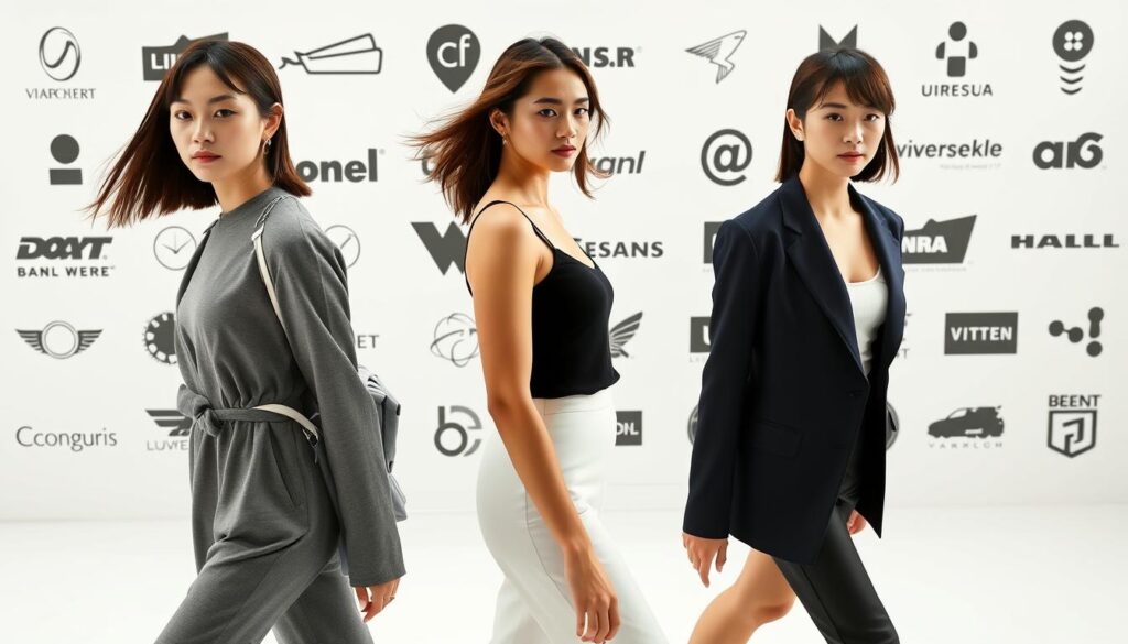 A modern, minimalist guide for aspiring fashion models navigating the complex world of model agencies. In the foreground, three young, photogenic Japanese models stride confidently, showcasing diverse hairstyles and features. The middle ground depicts the silhouettes of various model agency logos, hinting at the decision-making process. The background is a clean, white space, allowing the subject to take center stage. Soft, natural lighting accentuates the models' features, creating an atmosphere of professionalism and aspiration. The overall aesthetic is polished, sleek, and reflective of the high-fashion industry.
