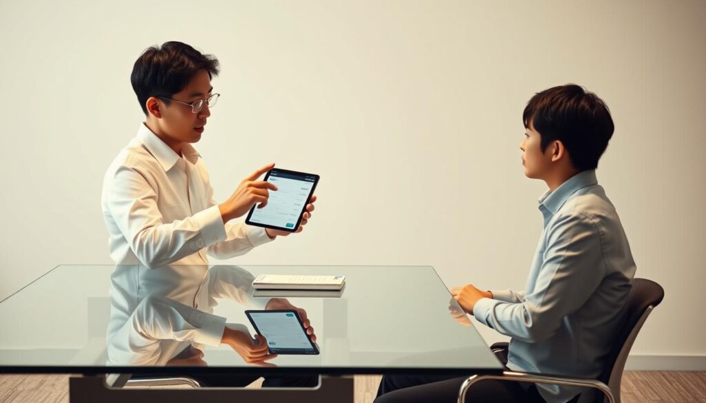 A modern, minimalist office scene depicting a young, professional Japanese counselor discussing financial matters with a client. The counselor, dressed in a crisp white shirt and dark slacks, sits across a sleek, glass-topped desk, gesturing animatedly as they review income and salary data displayed on a tablet screen. Soft, indirect lighting casts a warm, contemplative glow over the scene, creating an atmosphere of thoughtful discussion and trusted expertise. The client, also a young Japanese individual, listens intently, their expression one of keen interest and understanding. The background is a clean, uncluttered space, allowing the focus to remain on the interaction between the two figures.
