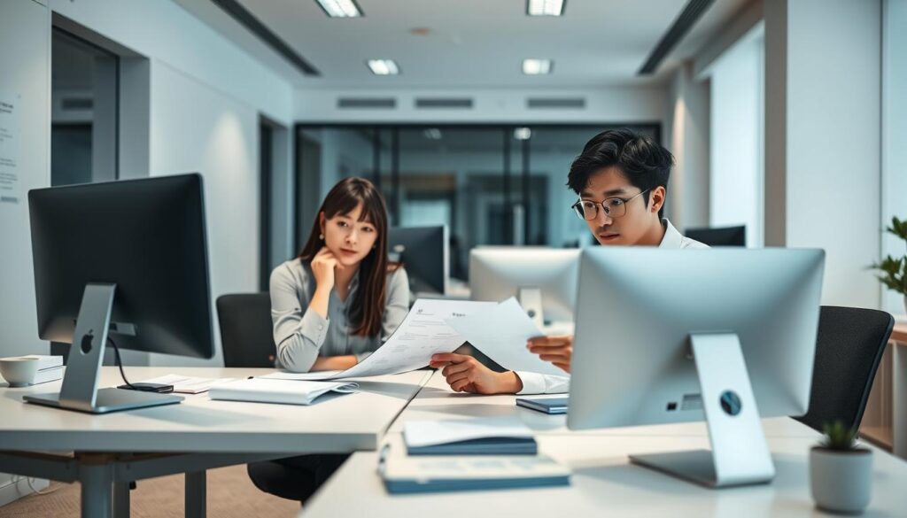 A modern, minimalist office setting with clean lines and a focus on organization. Three young professionals, likely Japanese, sit at desks, intently examining computer screens and documents. Subtle yet impactful lighting highlights their contemplative expressions as they discuss the key factors to consider when choosing the best job search platform. The atmosphere is one of focused deliberation, with a sense of purpose and professionalism pervading the scene.