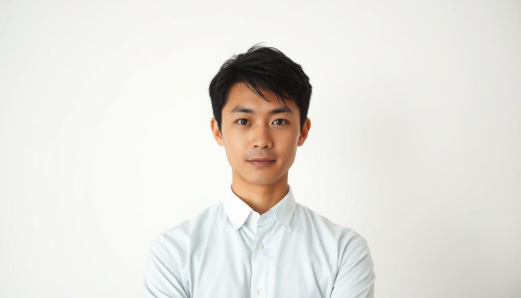 A modern, minimalist rendering of a young Japanese person with short, dark hair, posing confidently against a clean, well-lit background. The subject's gaze is direct, conveying a sense of professionalism and expertise in the field of chiropractic medicine. The image exudes a sense of authority and credibility, aligning with the subject matter of the "カイロプラクター資格取得" section. The overall tone is one of clarity, confidence, and a dedication to the practice of chiropractic care.