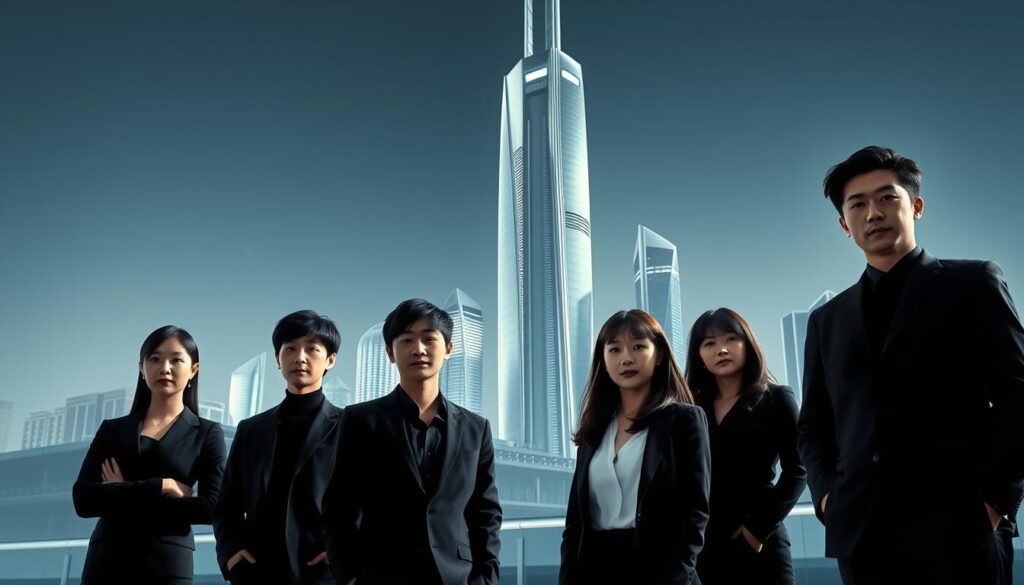 A modern, minimalist scene depicting the future of technocracy. In the foreground, a group of young, Japanese-looking professionals stands confidently, their expressions focused and determined. They are dressed in sleek, monochromatic attire, conveying a sense of sophistication and authority. In the middle ground, a towering, futuristic cityscape rises, its gleaming skyscrapers and advanced infrastructure hinting at the technological advancements that underpin the technocratic vision. The lighting is crisp and directional, casting dramatic shadows and highlighting the clean, angular lines of the architecture. The overall mood is one of ambition, progress, and the unwavering belief in the power of technology to shape the future.