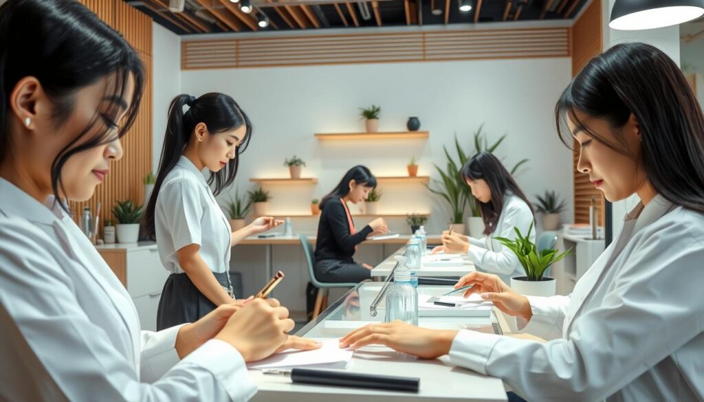 A modern nail salon interior with soft, natural lighting illuminating the workspace. In the foreground, a nail technician attentively manicures a client's nails, their hands delicately handling the tools. In the middle ground, several nail technicians are engaged in various stages of the nail care process - polishing, buffing, and applying nail enhancements. The background features a minimalist, Japanese-inspired decor with clean lines, wooden accents, and potted plants, creating a serene and professional atmosphere. The nail technicians are young, with black hair and natural, Japanese-inspired features, dressed in crisp, stylish uniforms. The overall scene conveys the skilled, dedicated, and meticulous nature of the nail technician profession.