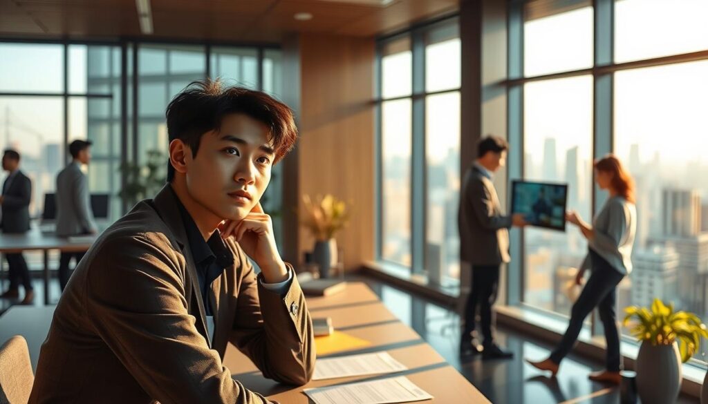 A modern office interior, bathed in warm, natural lighting. In the foreground, a young, Japanese-looking professional sits at a desk, deep in thought as they contemplate their career prospects. The mid-ground reveals a team of concept designers collaborating on a digital screen, their expressions focused and determined. The background showcases a panoramic view of a bustling city skyline, hinting at the opportunities and challenges facing this specialized profession. The overall scene conveys a sense of ambition, creativity, and the pursuit of a rewarding career as a conceptor, with an air of professionalism and attention to detail.