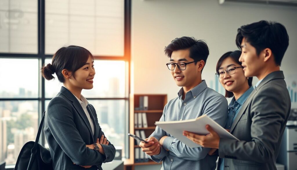 A modern office interior with a view of a bustling city skyline through large windows. In the foreground, three young Japanese-looking financial planners are engaged in a collaborative discussion, their expressions focused and determined. They are dressed in business attire, conveying a sense of professionalism. The lighting is warm and natural, casting a gentle glow on their faces. In the middle ground, a bookshelf and filing cabinets suggest the practical aspects of their work. The background features abstract charts and graphs, hinting at the analytical nature of their roles. The overall atmosphere is one of growth, opportunity, and the pursuit of financial expertise.