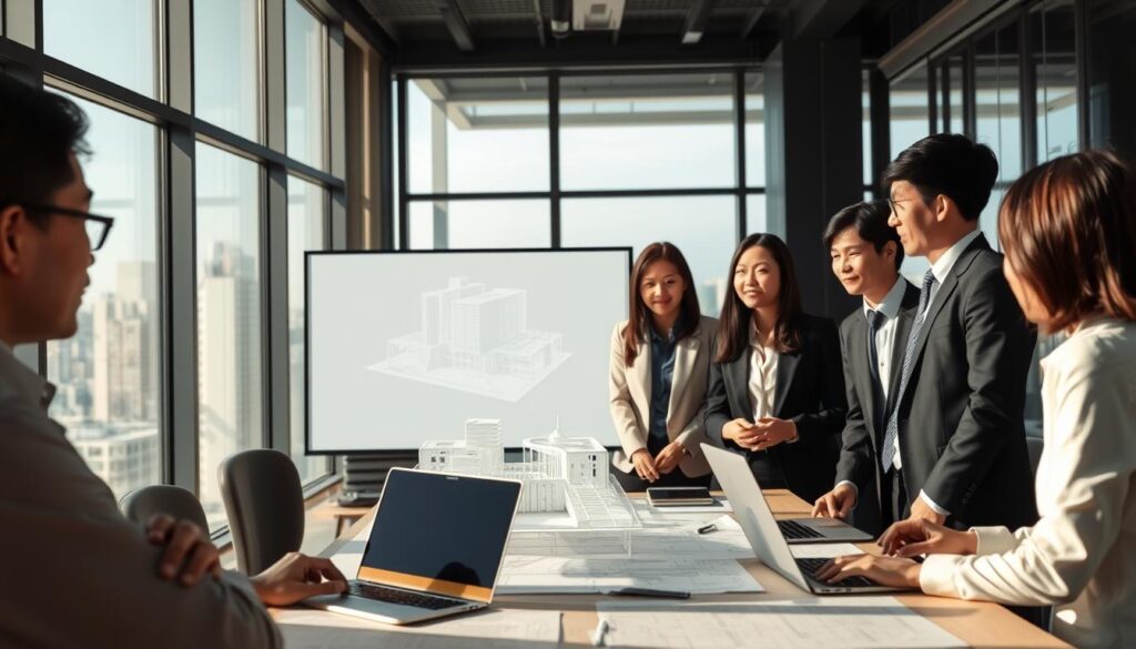 A modern office interior with large windows and natural lighting. In the foreground, a team of young, professional Japanese-looking architects gathered around a table, engaged in discussion. They are dressed in business attire, with laptops and architectural drawings spread out before them. In the middle ground, a 3D model of a building design is projected on a screen, casting a soft glow. The background features a city skyline visible through the windows, suggesting their work is part of a larger urban development project. The overall mood is one of collaborative problem-solving and forward-thinking design.