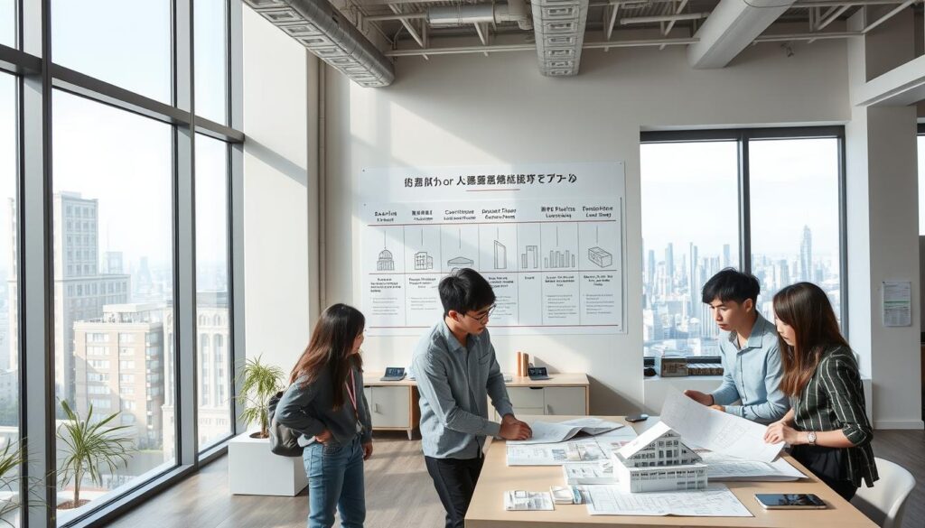 A modern office interior with large windows, natural light, and minimalist furniture. In the foreground, a group of young Japanese-looking architects in casual attire are gathered around a table, discussing architectural plans and models. The middle ground features a wall display showcasing the various stages of the architectural licensing process, from education and internships to the final certification exam. The background depicts a city skyline visible through the windows, hinting at the real-world applications of their work. The overall atmosphere conveys a sense of focused collaboration and the pursuit of professional excellence.