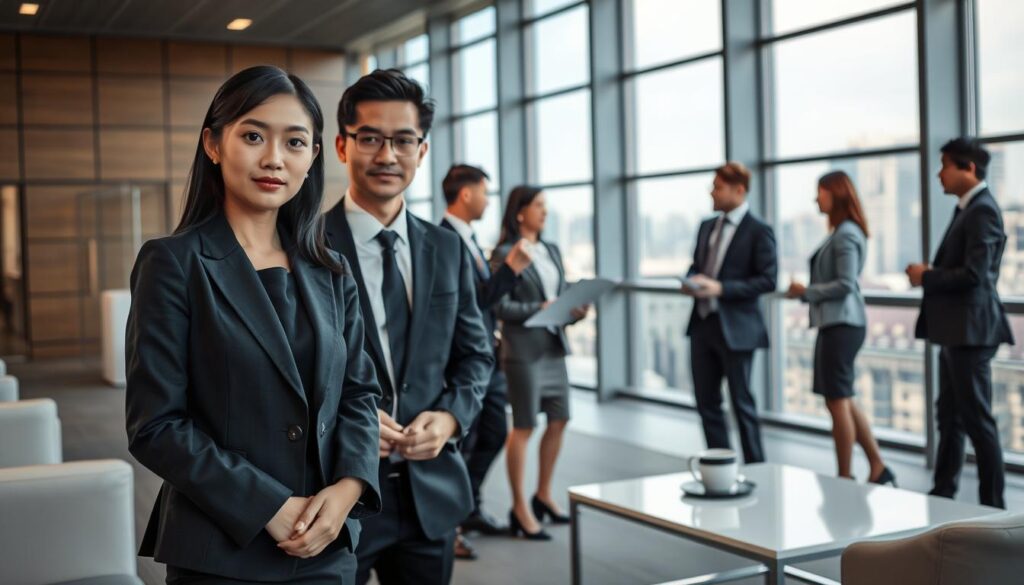 A modern office interior with large windows, sleek furniture, and a professional atmosphere. In the foreground, a young Japanese-looking woman in a stylish business suit stands confidently, her expression serious yet approachable. Beside her, a male colleague in a similar outfit reviews documents on a clipboard. In the middle ground, other neatly dressed individuals engage in conversations, their body language indicating a productive, collaborative environment. The background features a cityscape visible through the windows, suggesting the global reach and prestige of the international corporation. Soft, directional lighting creates a sense of professionalism and success, while the overall composition conveys the concept of an effective, high-level employment agency catering to the needs of ambitious job seekers.