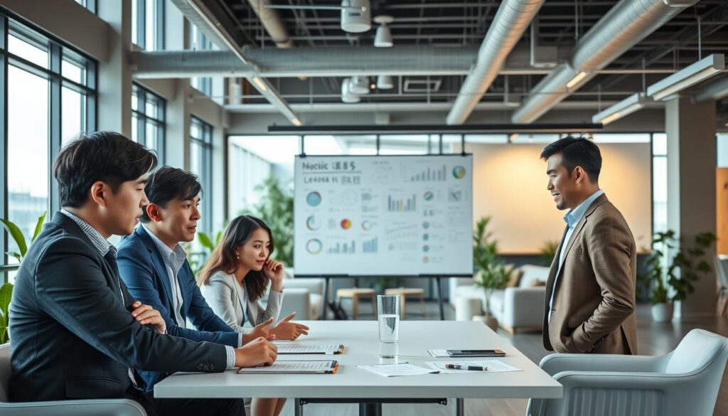 A modern office interior with large windows, warm lighting, and a sense of collaborative energy. In the foreground, a group of young, confident-looking Japanese professionals gathered around a table, engaged in an animated discussion. They wear smart casual attire and have a focused, determined expression, suggesting an in-depth strategy session. In the middle ground, a whiteboard displays various charts, diagrams, and notes, reflecting their deep analysis and problem-solving skills. The background features sleek, minimalist furniture and decor, creating a professional yet innovative atmosphere. The overall scene conveys the importance of continuous skill development, industry expertise, and strategic thinking for ambitious directors.