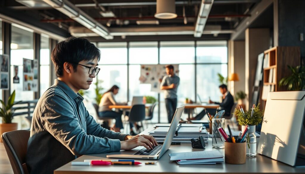 A modern office setting with a cozy, well-lit atmosphere. In the foreground, a young Japanese-looking copywriter sits at their desk, intensely focused on their laptop, fingers dancing across the keyboard. Surrounding them, various creative tools and materials - markers, notepads, and inspirational mood boards - suggest the ideation process. In the middle ground, other copywriters collaborate, brainstorming ideas, sketching concepts, and refining slogans. The background showcases the open-plan workspace, with large windows providing natural lighting and a view of the cityscape beyond. An atmosphere of productivity, creativity, and teamwork permeates the scene.