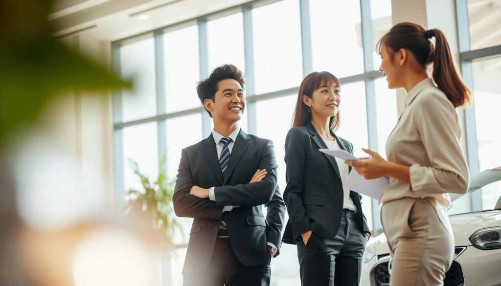 A modern office setting with a focus on two young Japanese professionals engaged in a business discussion. The first individual, a male in a well-tailored suit, represents a manufacturer's sales representative, exuding confidence and professionalism. The second, a female in a stylish blouse and trousers, portrays a car dealership sales representative, her demeanor suggesting a more customer-centric approach. Soft natural lighting filters through large windows, casting a warm glow on the scene. The background features clean, minimalist decor, allowing the figures to take center stage and highlight the distinct differences in their sales strategies and working environments.