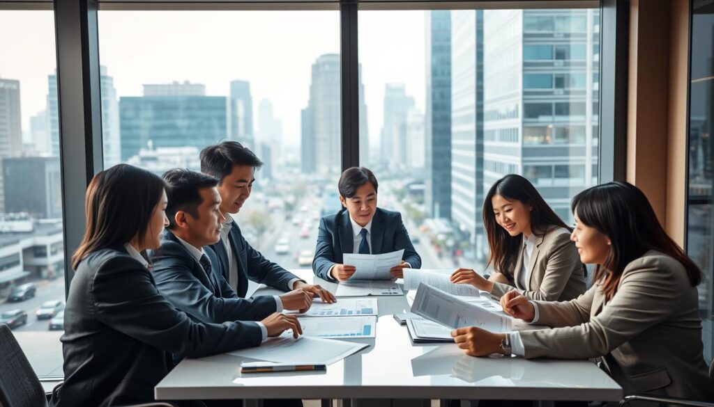 A modern office setting with a large window overlooking a bustling city skyline. In the foreground, a group of young, well-dressed Japanese-looking professionals engaged in a lively discussion around a sleek conference table. Their expressions convey a sense of purpose and optimism as they pore over financial reports and charts. Soft, diffused lighting creates a warm, focused atmosphere, accentuating the dynamic energy of the scene. In the background, the city streets are alive with traffic and pedestrians, suggesting the broader economic landscape these exchange dealers navigate. The overall composition evokes a vision of a promising career path, where these ambitious individuals shape the future of the financial markets.
