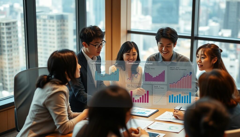 A modern office setting with a large window overlooking a bustling cityscape. In the foreground, a group of young, professional-looking Japanese individuals gathered around a conference table, engaged in an animated discussion. Their expressions convey a sense of focus and analysis as they review data visualizations and documents. The lighting is warm and natural, casting a soft glow on the scene. In the middle ground, a digital display showcases various graphs and charts related to the commissioner job market and hiring trends. The background is blurred, emphasizing the subject matter at hand. The overall atmosphere is one of thoughtful deliberation and market insight.