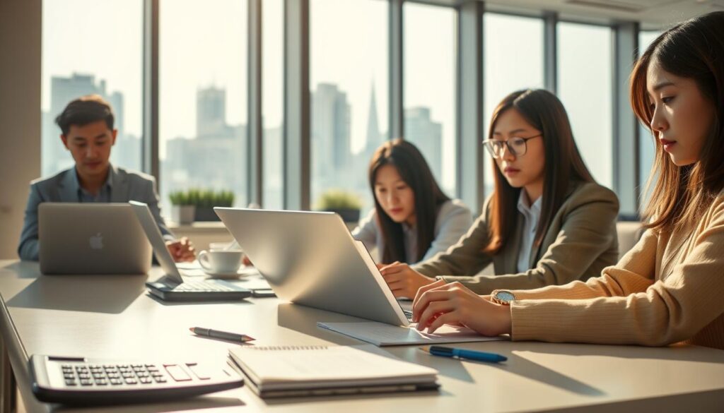 A modern office setting with a team of young, Japanese-looking professionals analyzing financial data on their laptops. The lighting is soft and natural, creating a warm, productive atmosphere. In the foreground, a calculator, pen, and notepad sit on a clean, minimalist desk. The middle ground features the focused faces of the analysts, their expressions serious yet engaged. The background showcases a city skyline through large windows, hinting at the broader context of their work. The scene conveys the diligence and analytical skills of these "計量士" as they meticulously study the data to uncover insights about their average salaries and industry earnings.